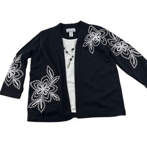 Alfred Dunner Petite PL Black Embroidered Cardigan Top 60%‎ Cotton 40% Acrylic